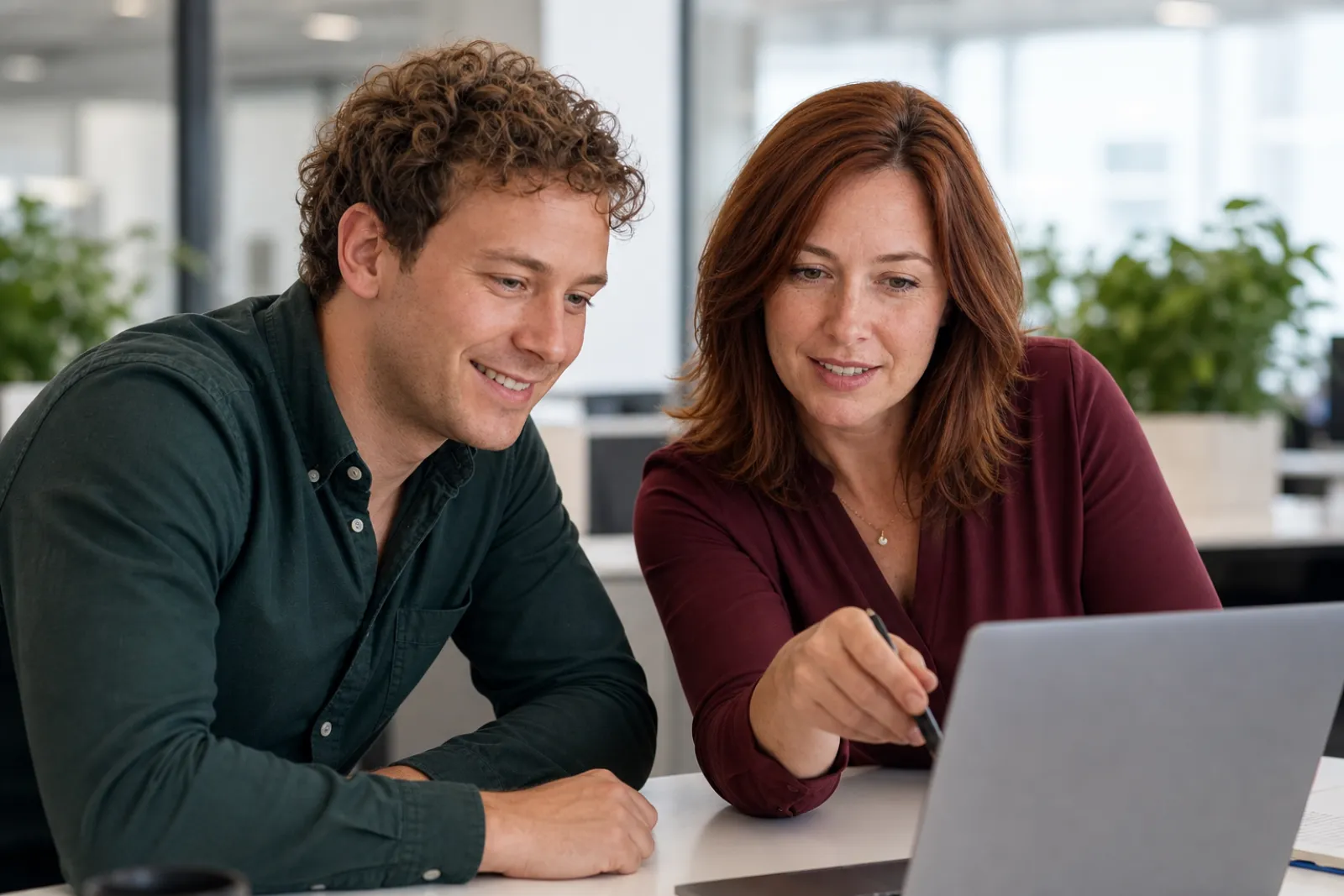 Mentoring: Kollegen lernen gemeinsam am Laptop