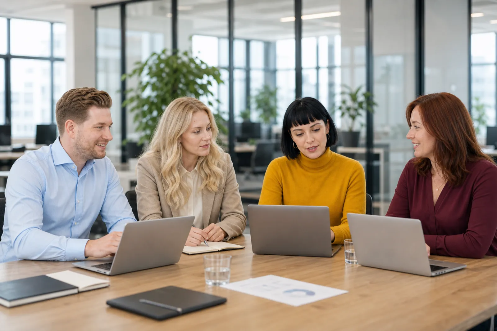 Zusammenarbeit im Projektteam mit Laptops und Notizen